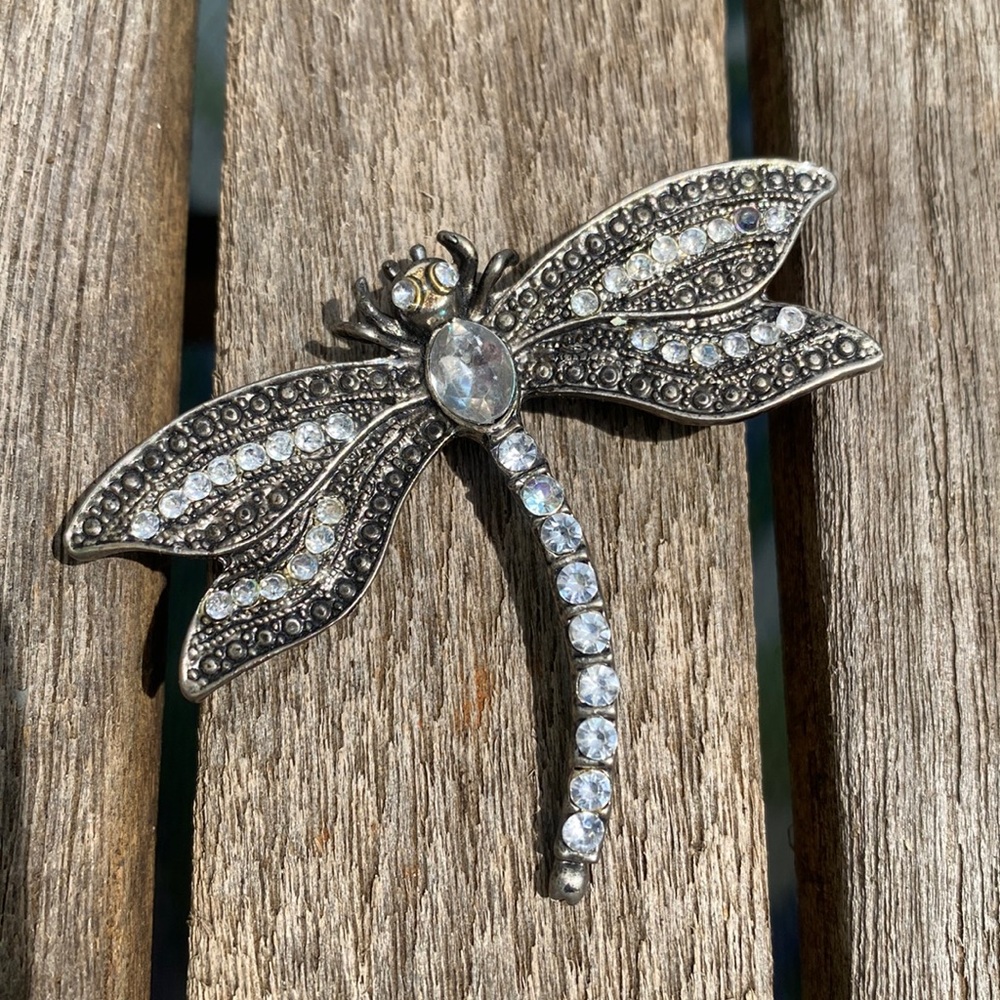 Dragonfly Silver Crystal Rhinestone Brooch